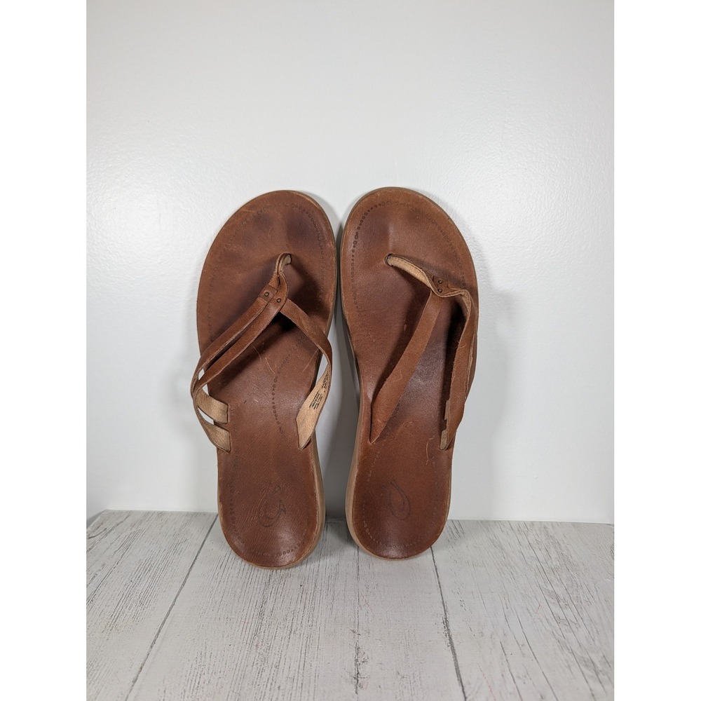 OluKai Kapehe Luana Leather Flip Flop Sandals Brown Tan Womens 10 20468-FMFM